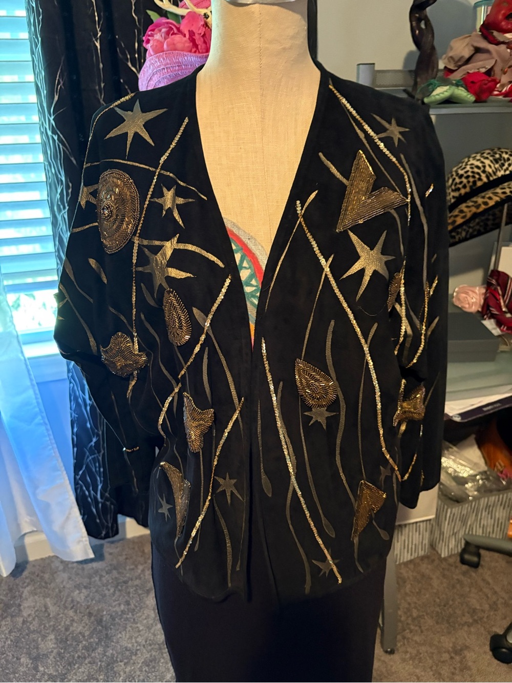 vintage black suede ,beaded appliqués hand painted.. 80s DISCO NITES ⭐️🖤